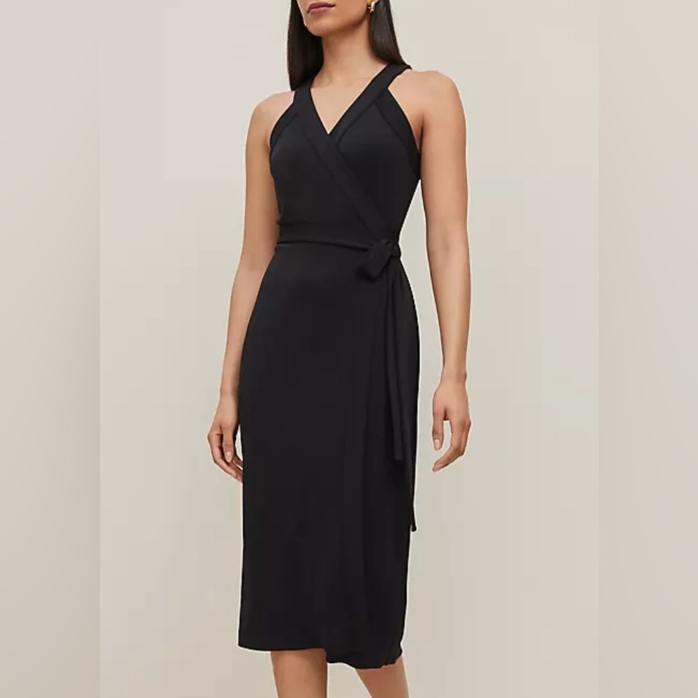 Ann Taylor Elegant Black Wrap Front Tie Sleeveless Halter Midi Dress